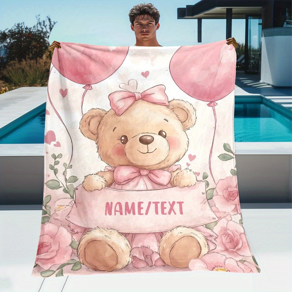 Custom Blankets Cute Pink Teddy Bear with Personalized Name