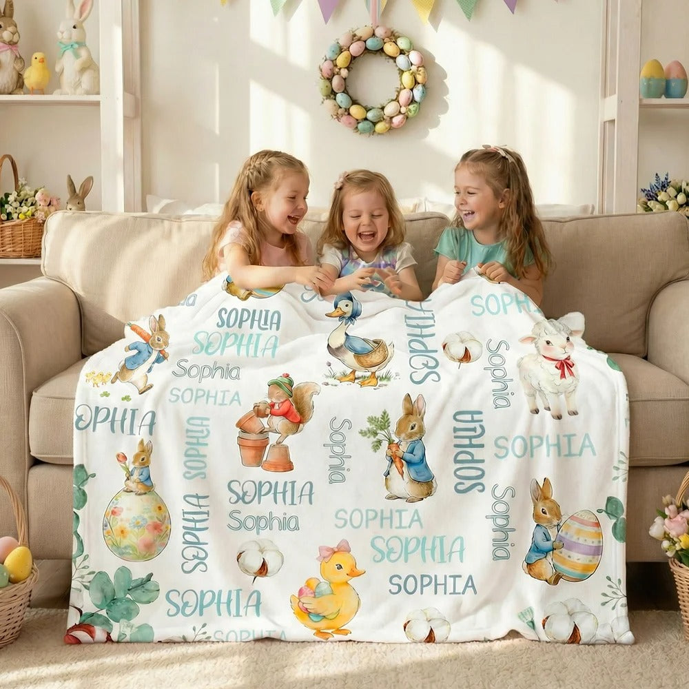 Personalized Cute Easter Bunny Duck Sheep Word Cloud Soft Throw Blanket