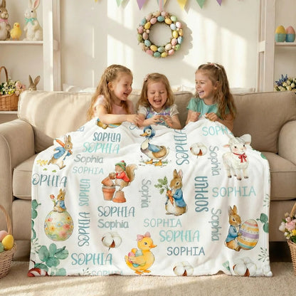 Personalized Cute Easter Bunny Duck Sheep Word Cloud Soft Throw Blanket