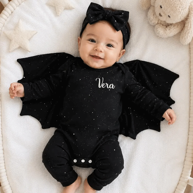 Glitter Batwing Romper: Custom Baby Girl Halloween Costume with Headband