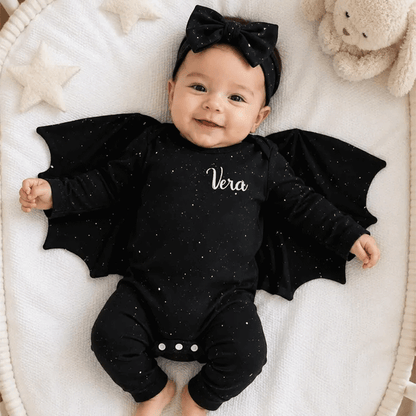Glitter Batwing Romper: Custom Baby Girl Halloween Costume with Headband
