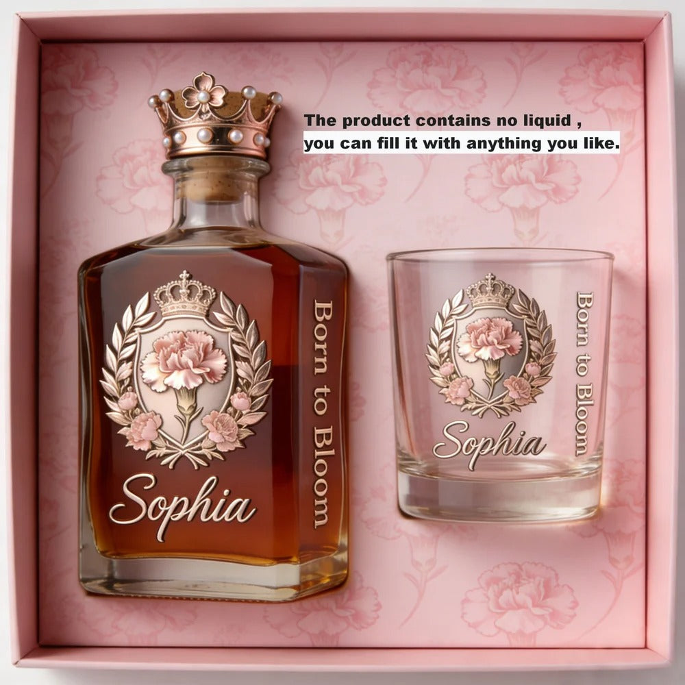 Custom Engraved Carnation Whiskey Bottle & Glass Set