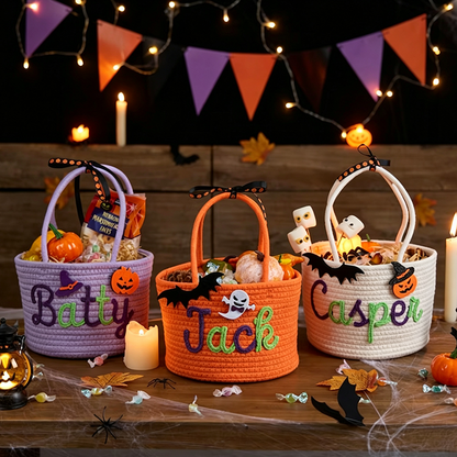 Custom Halloween Treat Bag with Name – Trick or Treat Basket, Personalized Candy Tote