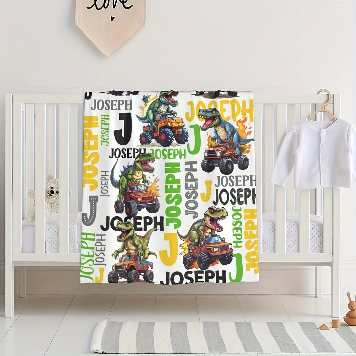 Personalized Dinosaur Truck Flannel Throw Blanket