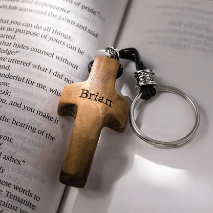 Personalized Wooden Cross Heart Keychain
