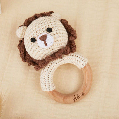 Personalized Crochet Animal Baby Rattle: Engraved Zelkova Wood