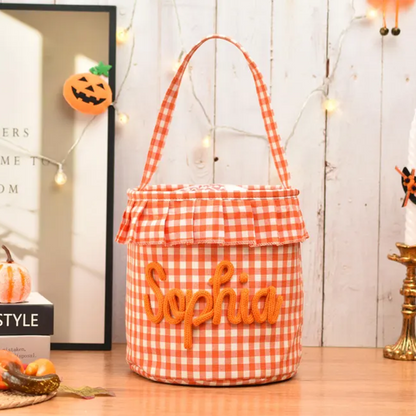 Halloween Basket Ruffle Personalized,Plaid Trick or Treat Bag with Custom Name