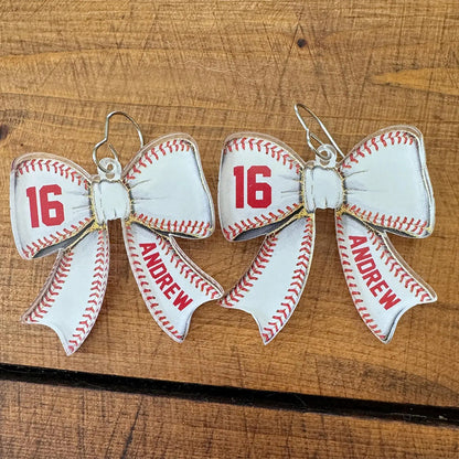 Custom Baseball Bow Earrings, Personalized Player Nam