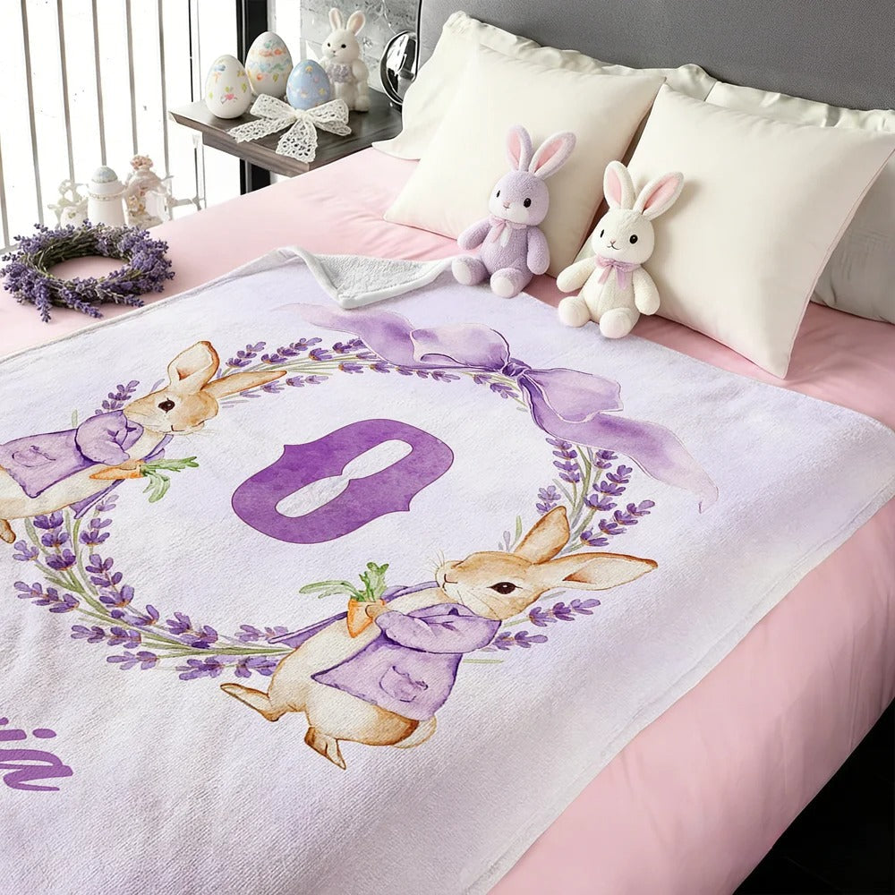Personalized Easter Watercolor Bunny Bow Wreath Blanket