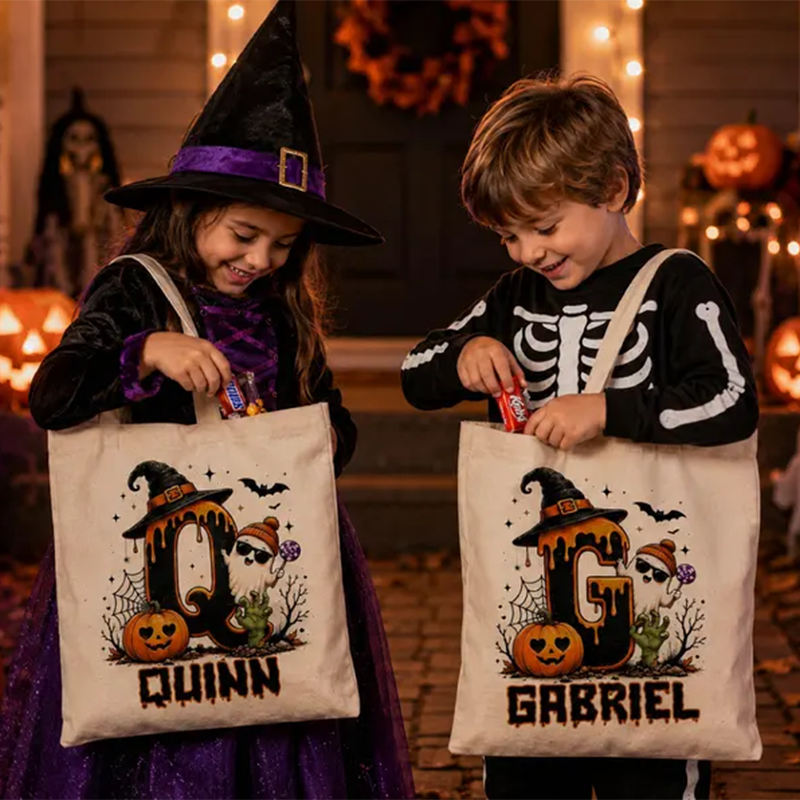 Cute Halloween Ghost bag, Spooky Goodie Bag, Custom Name Halloween Tote Bag
