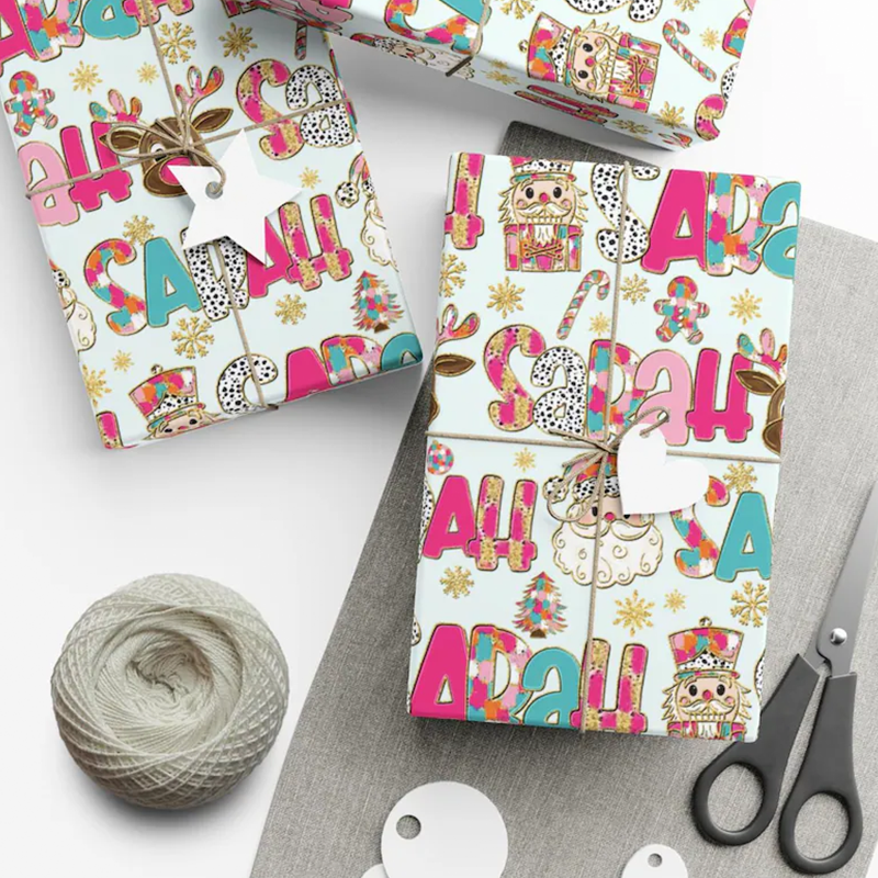 Personalized Wrapping Paper Pink Christmas Gift Wrap with Name Custom