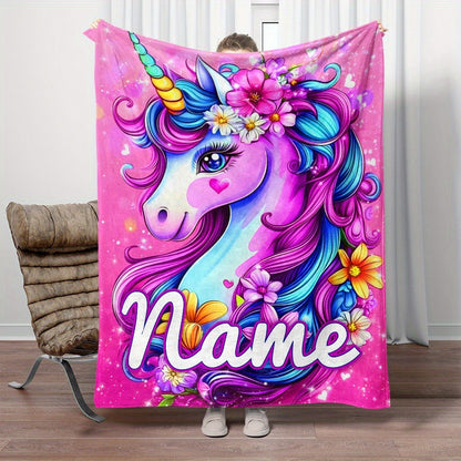 Personalized Name Lovely Dazzling Flower Unicorn Print Portable Blanket