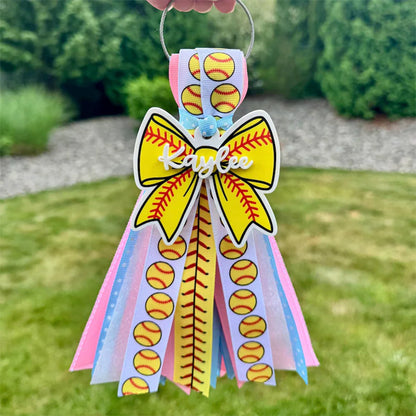 Softball Bow Bag Tag with Ribbon Tassel | Gym Bag Accessory | Personalized Acrylic Tag