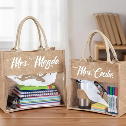 Personalized Teacher Tote Bag, Clear Window Burlap Totes,