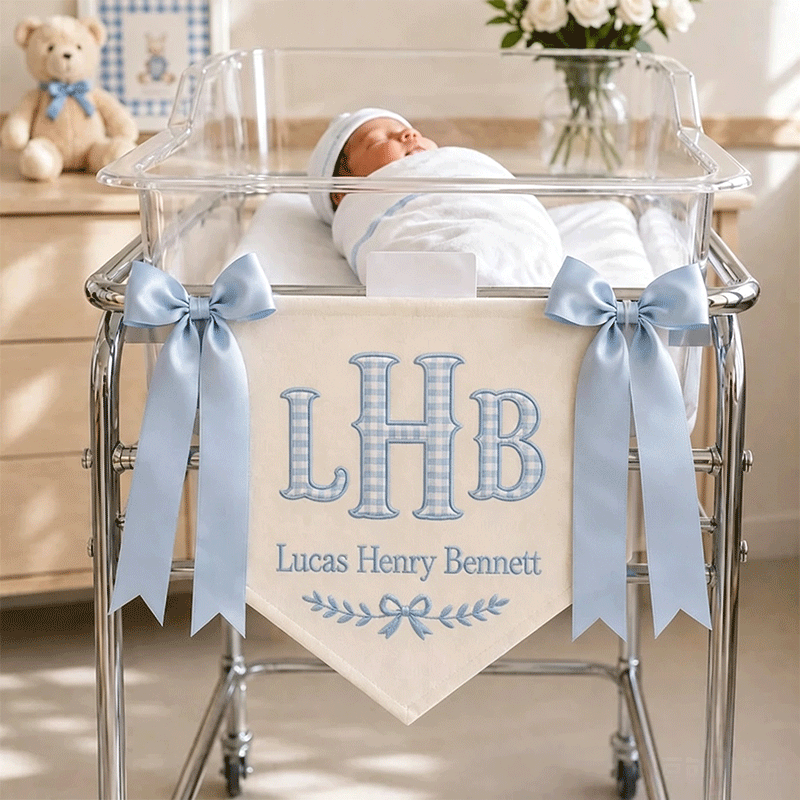 Embroidered Baby Banner, Monogram Hospital Sign, Birth Stats Tag