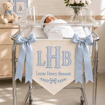 Embroidered Baby Banner, Monogram Hospital Sign, Birth Stats Tag