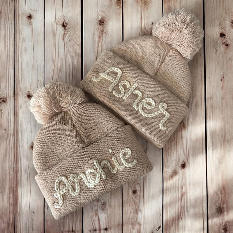 Personalized Hand Embroidered Name Winter Pom-pom Hat