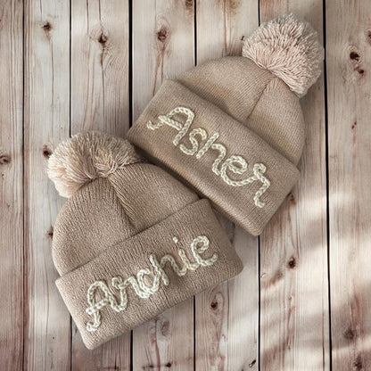 Personalized Hand Embroidered Name Winter Pom-pom Hat