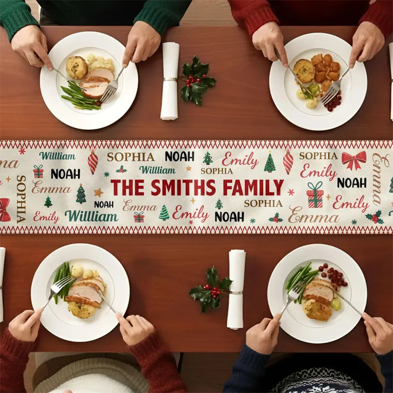 Family Name Word Christmas Theme, Personalized Table Runner