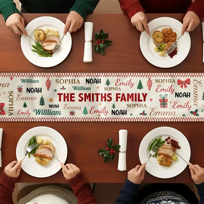 Family Name Word Christmas Theme, Personalized Table Runner