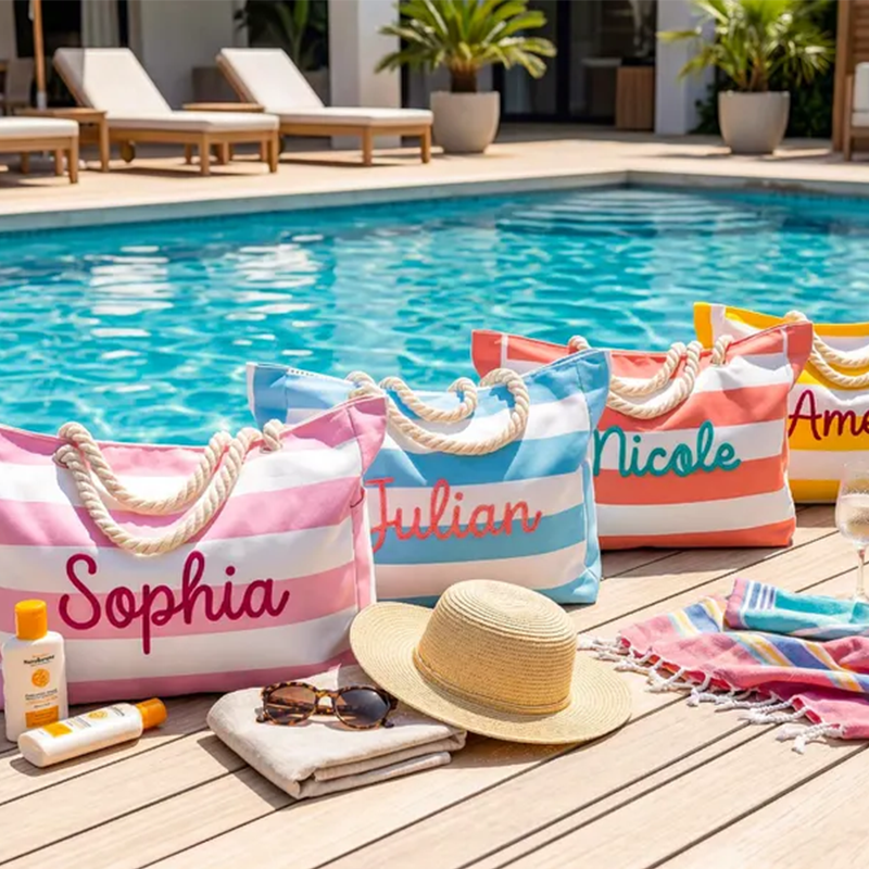 Personalized Striped Beach Tote, Custom Oversized Beach Bag