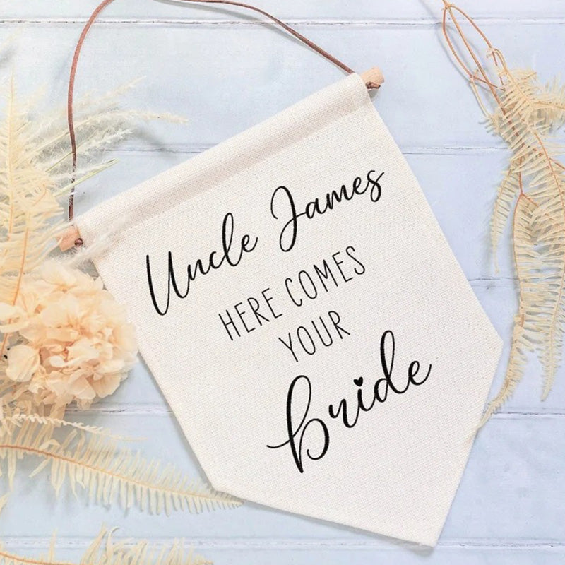 Personalised Here Comes Your Bride Wedding Linen Style Flag Banner Sign