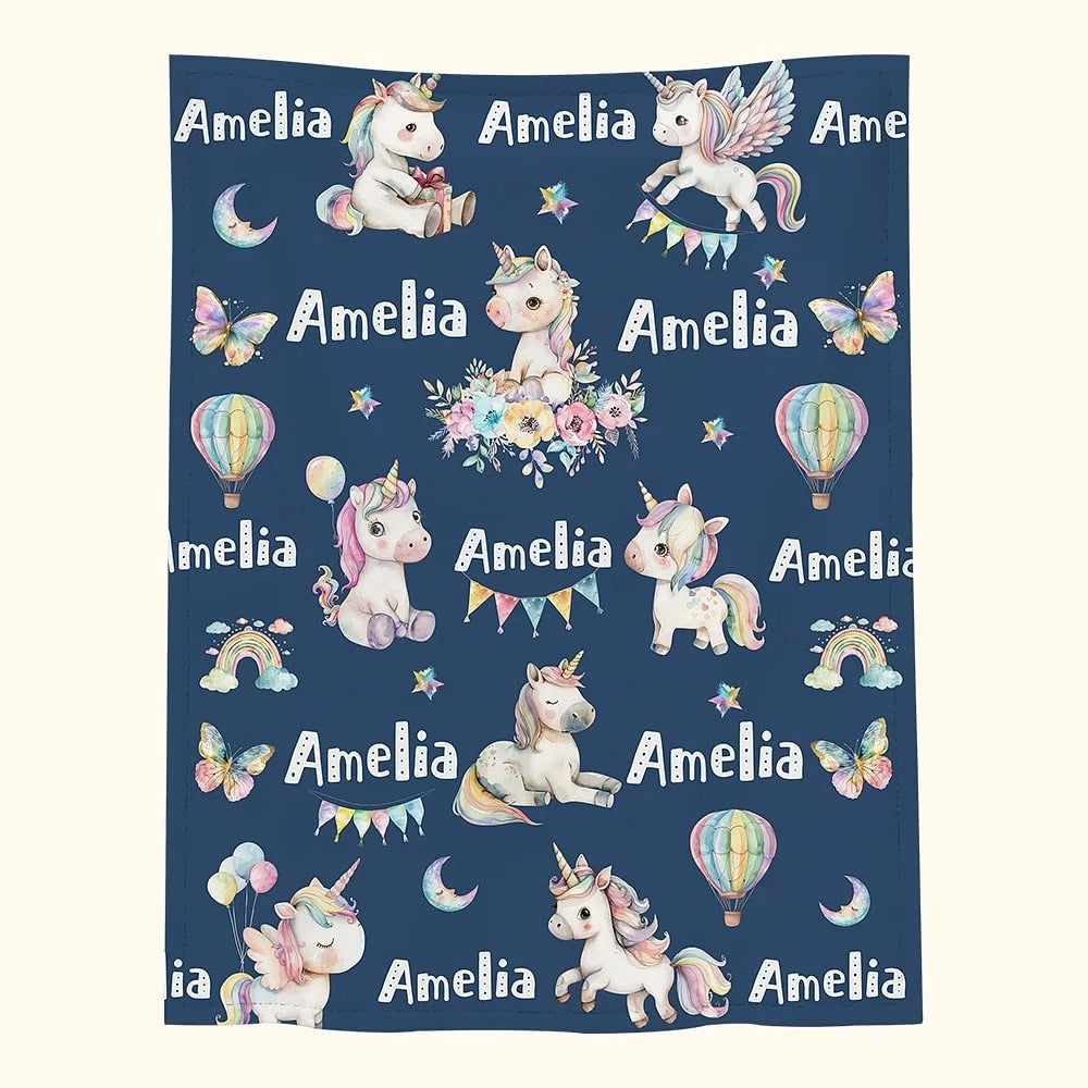 Personalized Multicolor Fantasy Unicorn Butterfly Rainbow Blanket