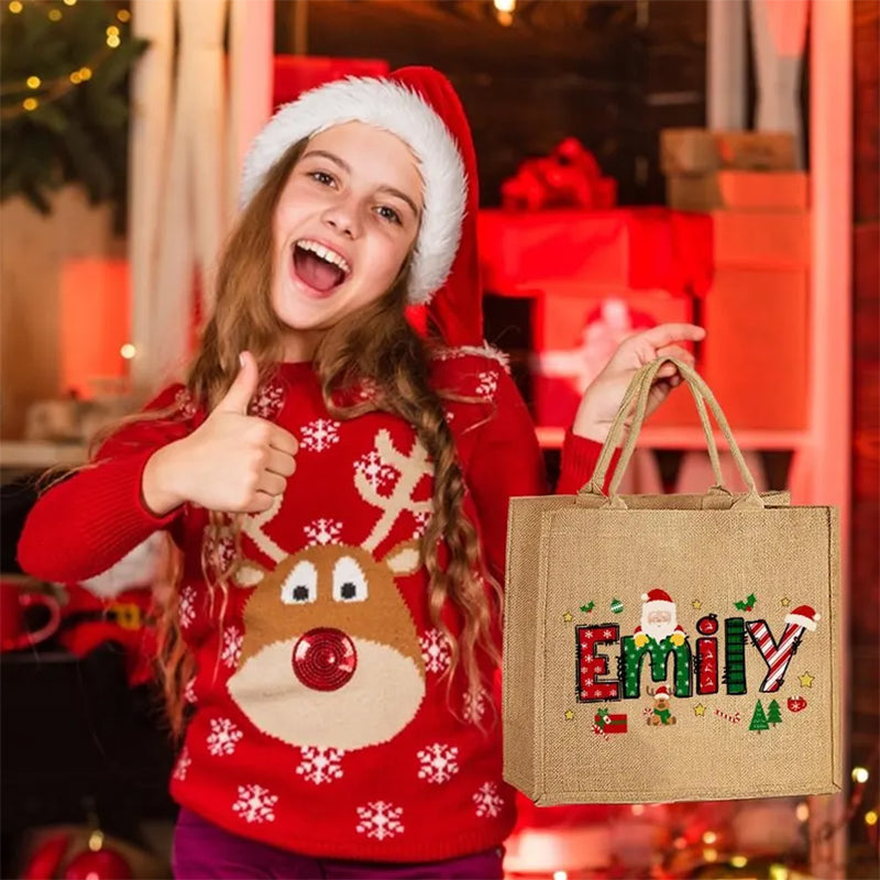 Personalized Santa Jute Tote Bag - Custom Name