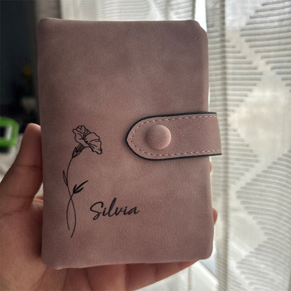 Personalized Vegan Leather Wallet Birth Flower Wallet Tri-Fold Wallet