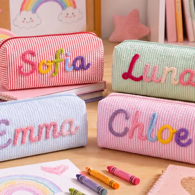 Custom Name Pencil Case for Kids, Personalized Pencil Pouch, Cute Seersucker School Supplies Bag