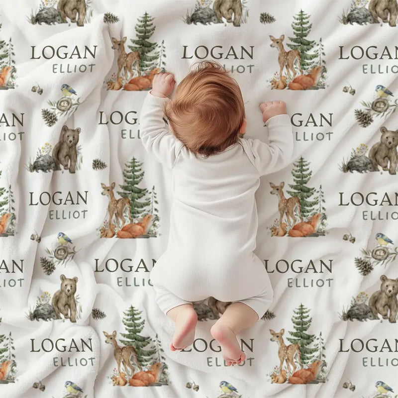 Personalized Forest Animal Baby Blanket, Custom Baby Name Blanket