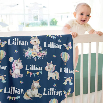 Personalized Multicolor Fantasy Unicorn Butterfly Rainbow Blanket