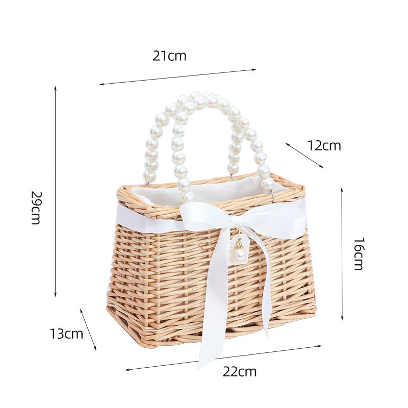 Bride Custom Beach Bag with Pearls and Bow, Personalized Straw Bag, Bridal Shower Bag