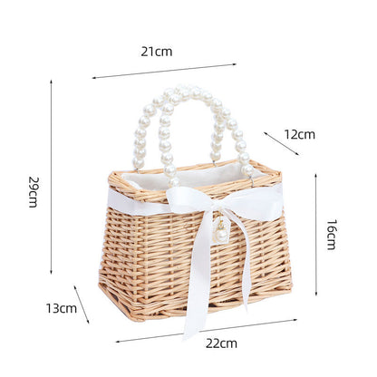 Bride Custom Beach Bag with Pearls and Bow, Personalized Straw Bag, Bridal Shower Bag
