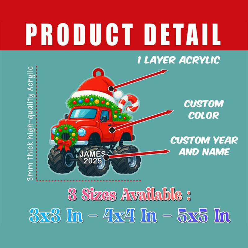 Custom Truck Christmas Ornament 2025, Personalized 2D Flat Monster Truck Christmas Ornament