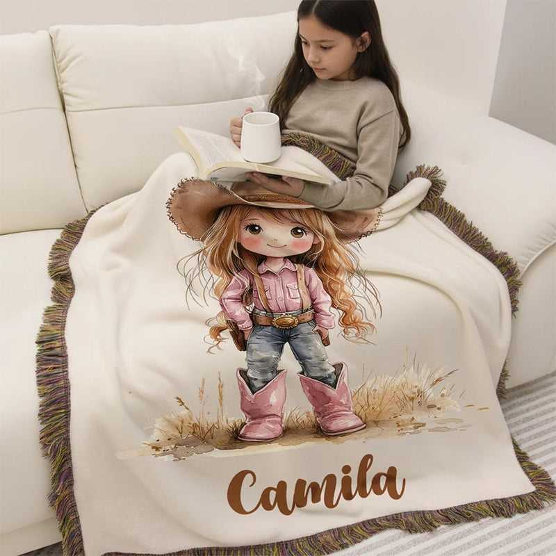 Personalized Cartoon Cowboy Tassel Blanket with Name
