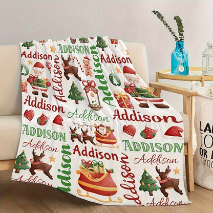 Christmas Santa and Reindeer Flannel Blanket - Personalized Name Lightweight Fleece Throw