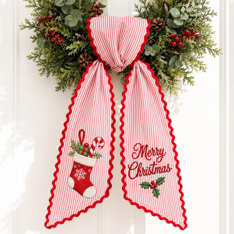 Personalized Christmas Icon Wreath Sash, Custom Holiday Door Bow