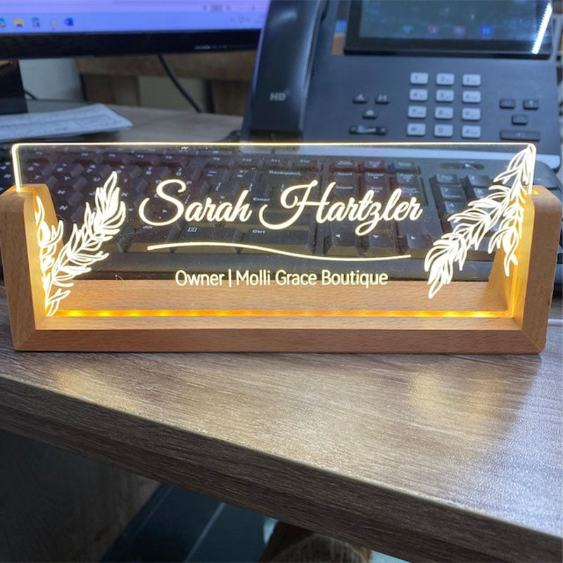 Personalized Desk Name Plate with Wooden Base, Lighted Acrylic Nameplate