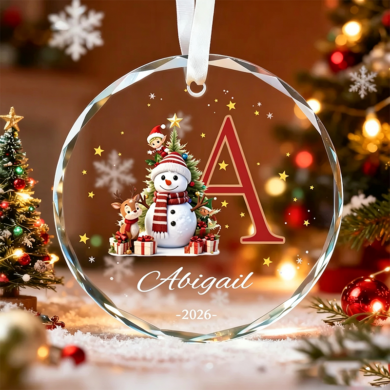 Custom Monogram Name Glass Ornament, Elf Snowman Christmas Ornaments