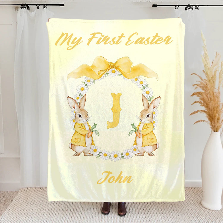 Personalized Easter Watercolor Bunny Bow Wreath Blanket