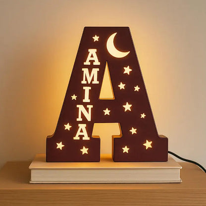 Personalized Wooden Night Light: Custom Name Initial LED Nursery Lamp