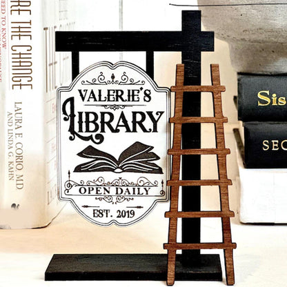 Personalized Library Sign, Mini wooden Signpost with ladder Library Decor