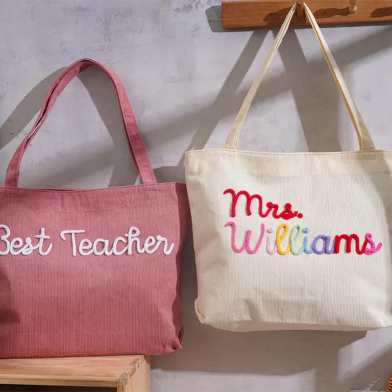 Personalized Corduroy Teacher Tote Bag,Hand Crochet Name Zipper bag