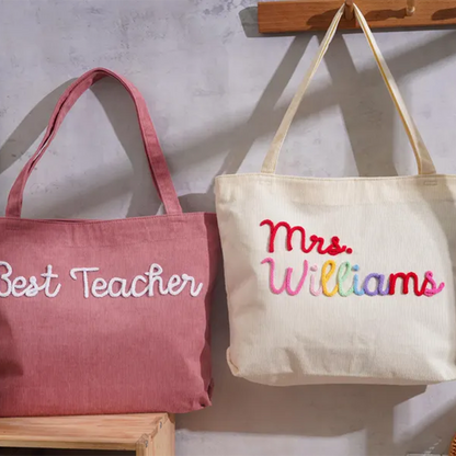 Personalized Corduroy Teacher Tote Bag,Hand Crochet Name Zipper bag