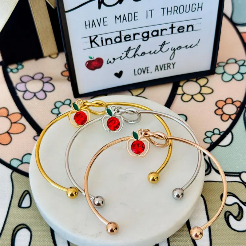 End of Year Teacher Gift Knot Bangle with apple charm, personalized Heart Card!