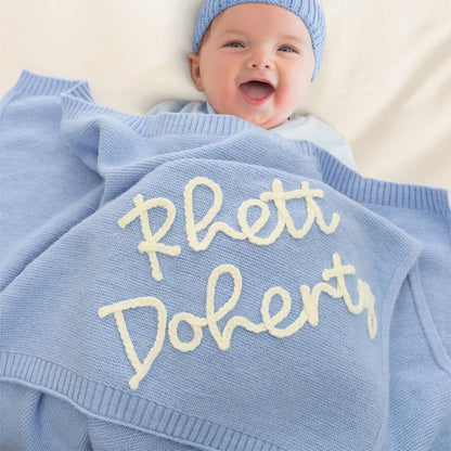 Personalized Hand-Embroidered Knit Baby Blanket Baby Name Blanket