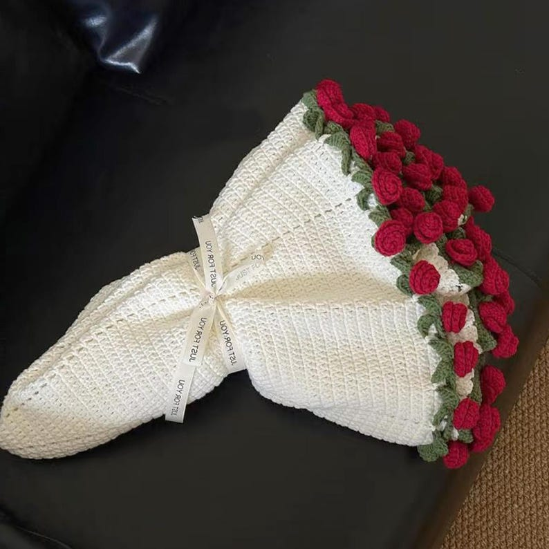 Personalized Crochet Rose Bouquet Blanket: Embroidered Name, Cotton Throw