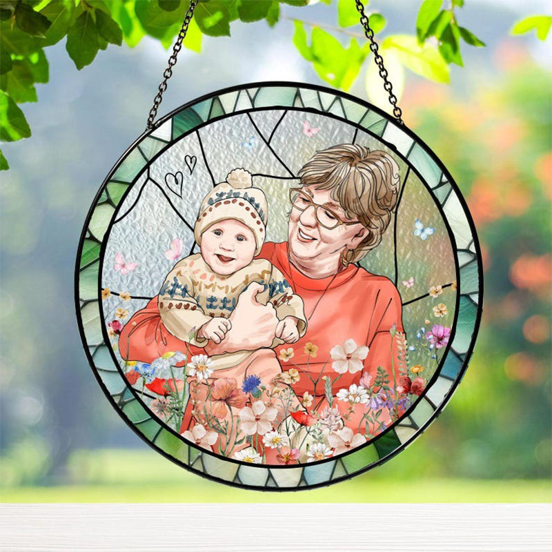 Personalized Grandma And Grandkids Portrait Stained Glass
