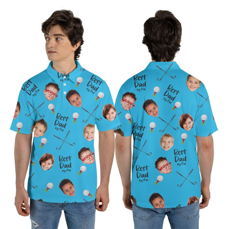 Best Dad By Par Polo Shirt with Custom Kid Face Photo Portrait, Father's Day Gift